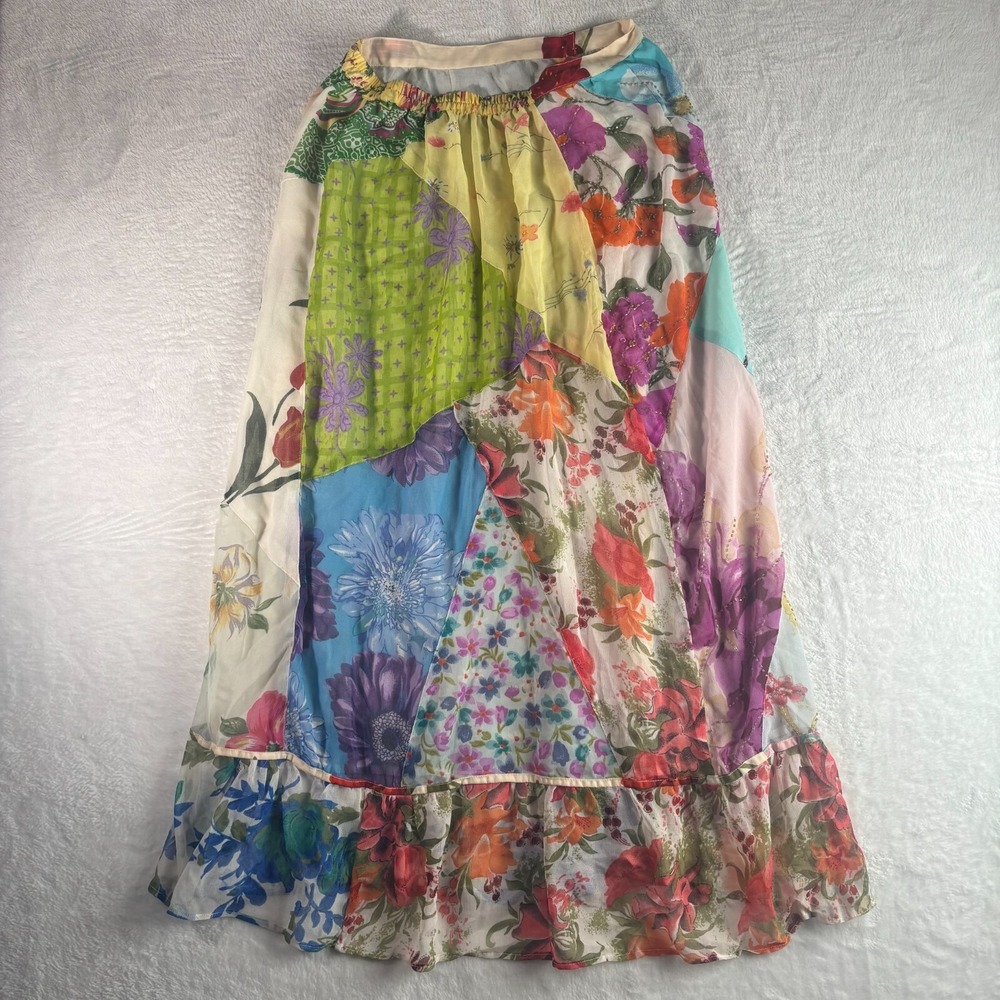 Sacred Threads Chiffon Patchwork Ruffle Hem Beaded Button Front Skirt‎ Womens S